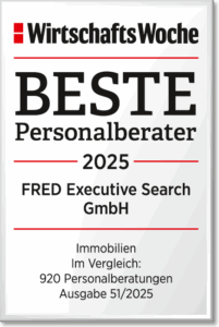 Urkunde WirtschaftsWoche Beste Personalberater 2025: FRED Executive Search GmbH in Immobilien.